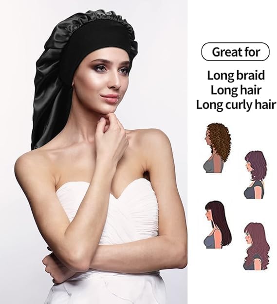 CMD 2 Pack Satin Sleep Cap for Long Hair Dreadlock Extra Large Silk Bonnet Sleeping Cap for Women Black