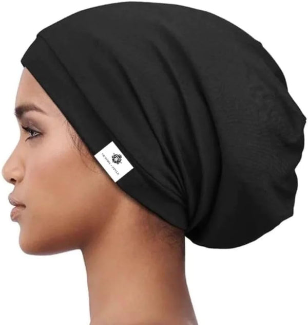 Victory + Style Satin Lined Slouchy Beanie Cap with Soft Elastic Band for Women - Silk Bonnet for Sleeping Black