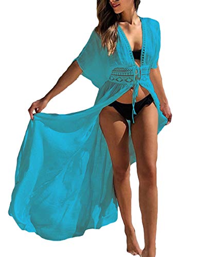 Women's Solid Color Long Beach Kimono Cardigan – Lace-Up Bikini Swimsuit Cover-Up