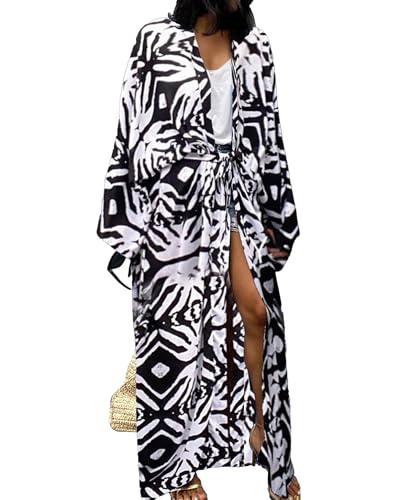 Women's Solid Color Long Beach Kimono Cardigan – Lace-Up Bikini Swimsuit Cover-Up