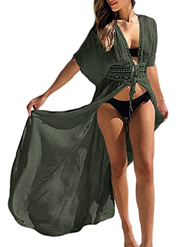 Women's Solid Color Long Beach Kimono Cardigan – Lace-Up Bikini Swimsuit Cover-Up