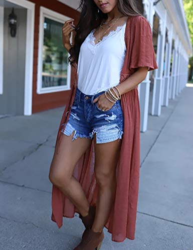 Women's Solid Color Long Beach Kimono Cardigan – Lace-Up Bikini Swimsuit Cover-Up