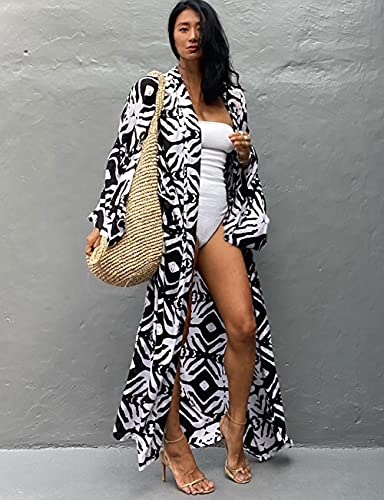 Women's Solid Color Long Beach Kimono Cardigan – Lace-Up Bikini Swimsuit Cover-Up