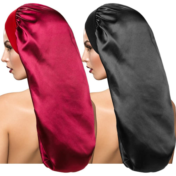 Dumrotite 2 Pcs Satin Sleep Cap for Long Hair, Long Dreadlock Satin Sleep Bonnet Wide Band Extra Large Sleeping Hat for Women