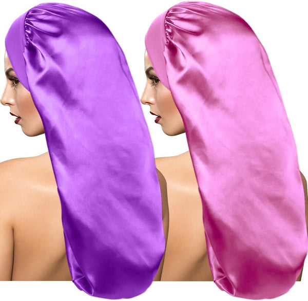 Dumrotite 2 Pcs Satin Sleep Cap for Long Hair, Long Dreadlock Satin Sleep Bonnet Wide Band Extra Large Sleeping Hat for Women