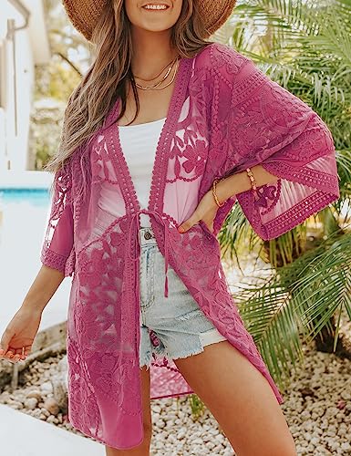 Women's Solid Color Long Beach Kimono Cardigan – Lace-Up Bikini Swimsuit Cover-Up