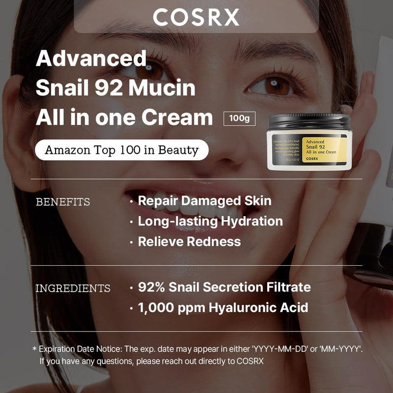 COSRX Snail Mucin 92% Repair Cream, Daily Face Gel Moisturizer for Dry Skin, Acne-prone, Sensitive Skin, Not Tested on Animals, No Parabens, Korean Skincare (3.52 Fl Oz (Pack of 1)