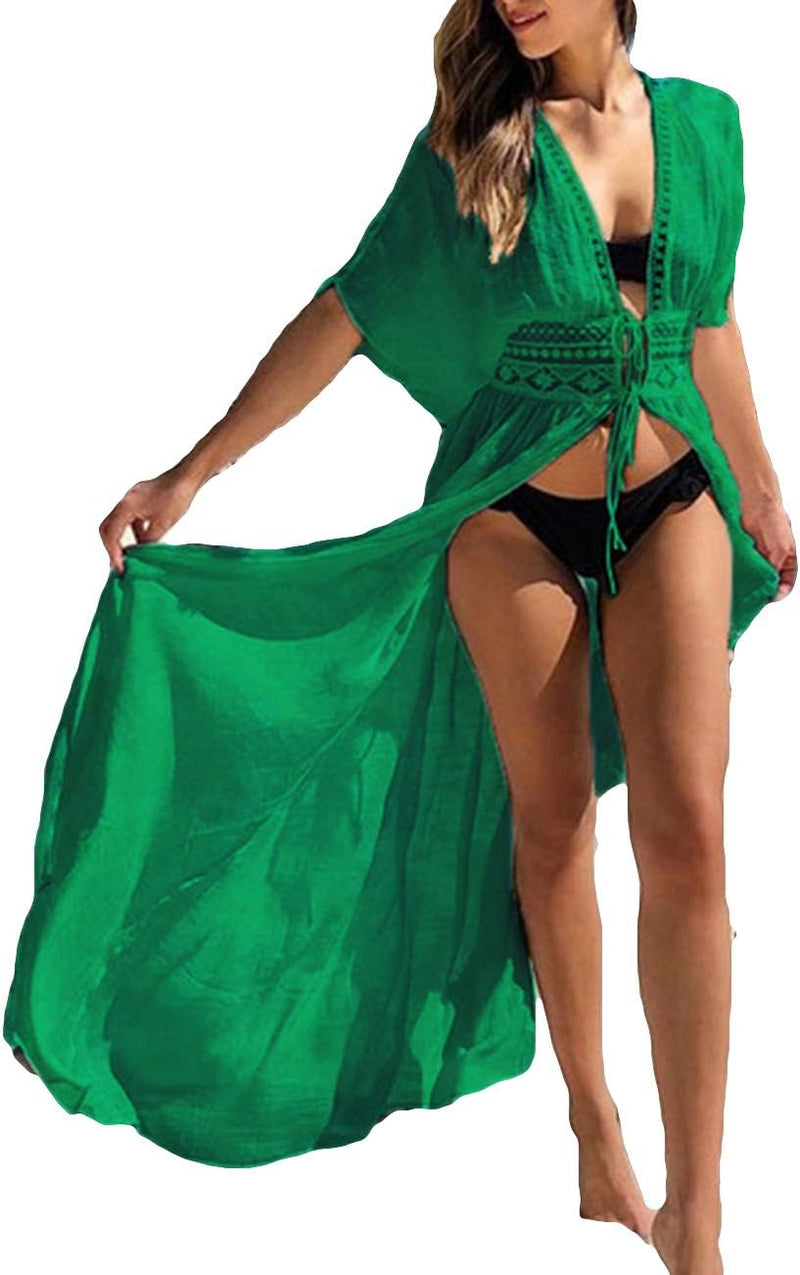 Women's Solid Color Long Beach Kimono Cardigan – Lace-Up Bikini Swimsuit Cover-Up