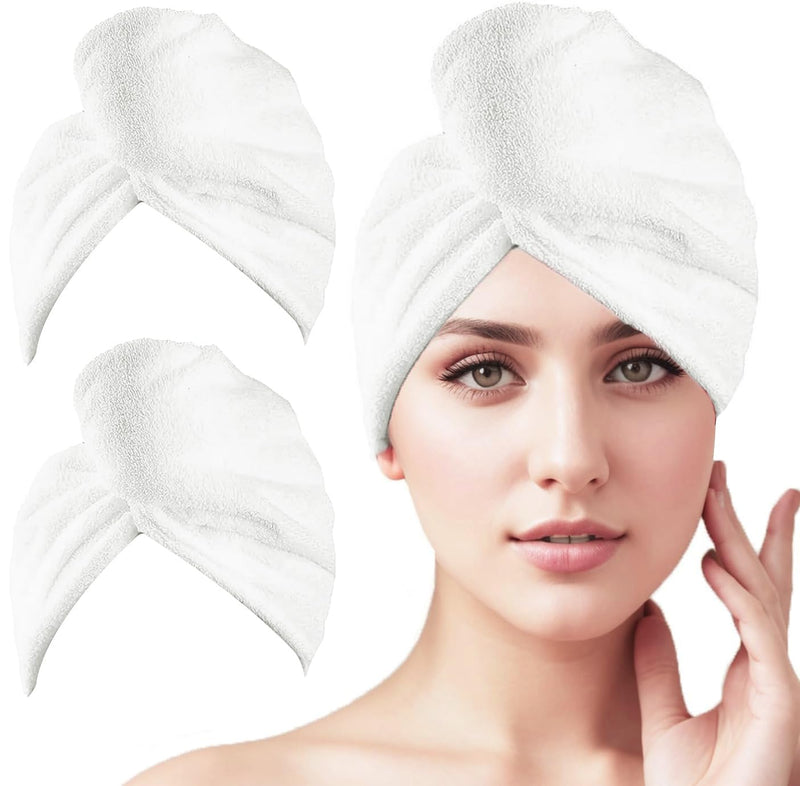 2 Pack Microfiber Hair Towel Wrap,Super Absorbent Twist Hair Turban Hair Wrap for Women Fast Drying Hair Drying Cap with Buttons,H HOME-MART Long & Thick Microfibre Hair Towel White