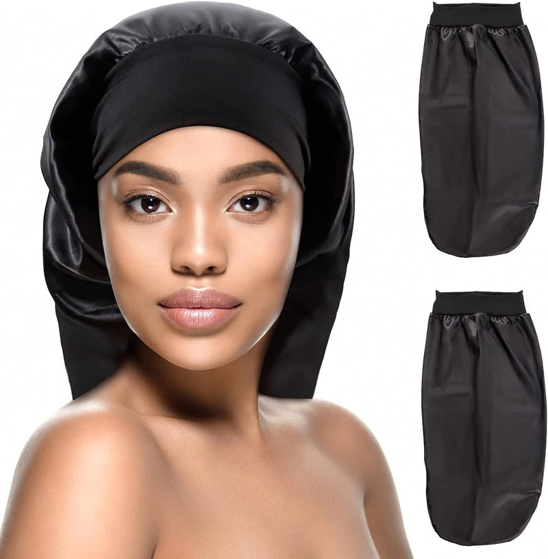 CMD 2 Pack Satin Sleep Cap for Long Hair Dreadlock Extra Large Silk Bonnet Sleeping Cap for Women Black