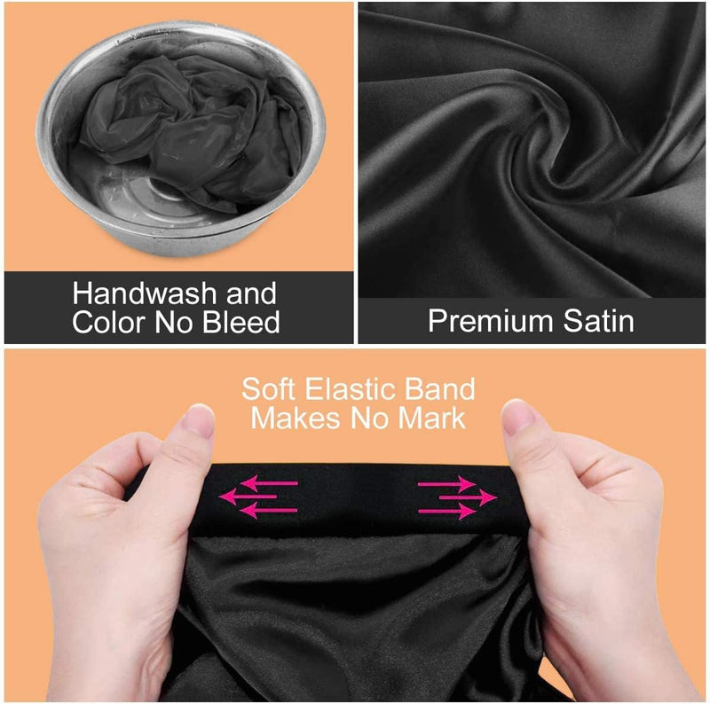 CMD 2 Pack Satin Sleep Cap for Long Hair Dreadlock Extra Large Silk Bonnet Sleeping Cap for Women Black