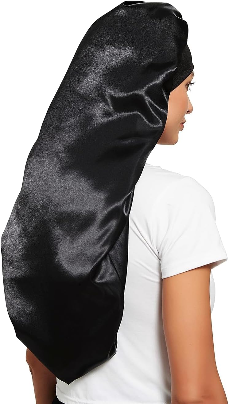 CMD 2 Pack Satin Sleep Cap for Long Hair Dreadlock Extra Large Silk Bonnet Sleeping Cap for Women Black