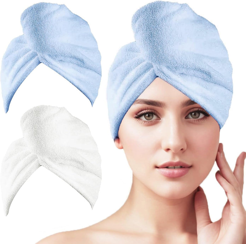 2 Pack Microfiber Hair Towel Wrap,Super Absorbent Twist Hair Turban Hair Wrap for Women Fast Drying Hair Drying Cap with Buttons,H HOME-MART Long & Thick Microfibre Hair Towel White