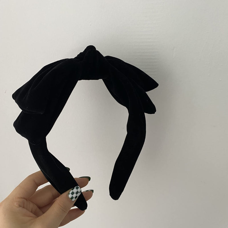 Black Velvet Knot Bow Turban Wide Headbands (Black, One size)