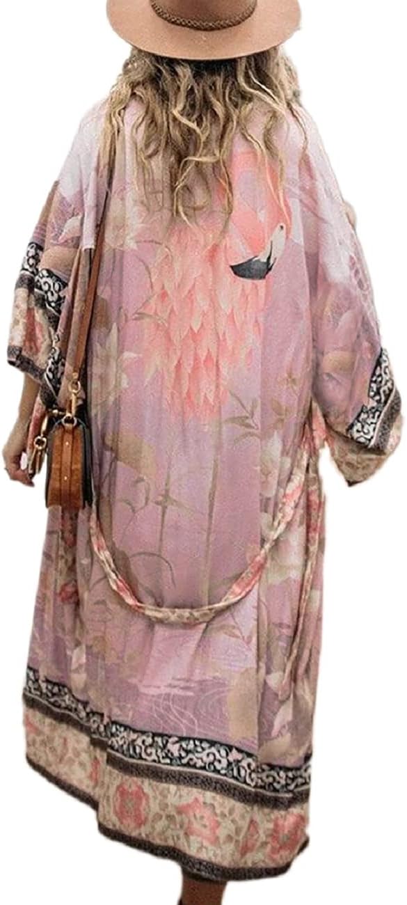 Women's Solid Color Long Beach Kimono Cardigan – Lace-Up Bikini Swimsuit Cover-Up