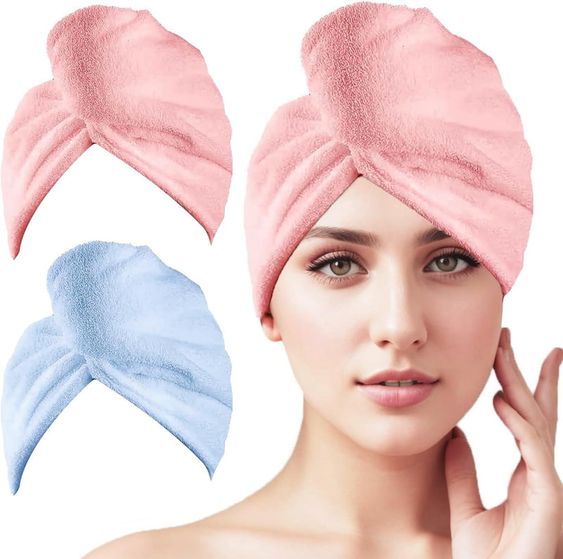 2 Pack Microfiber Hair Towel Wrap,Super Absorbent Twist Hair Turban Hair Wrap for Women Fast Drying Hair Drying Cap with Buttons,H HOME-MART Long & Thick Microfibre Hair Towel White