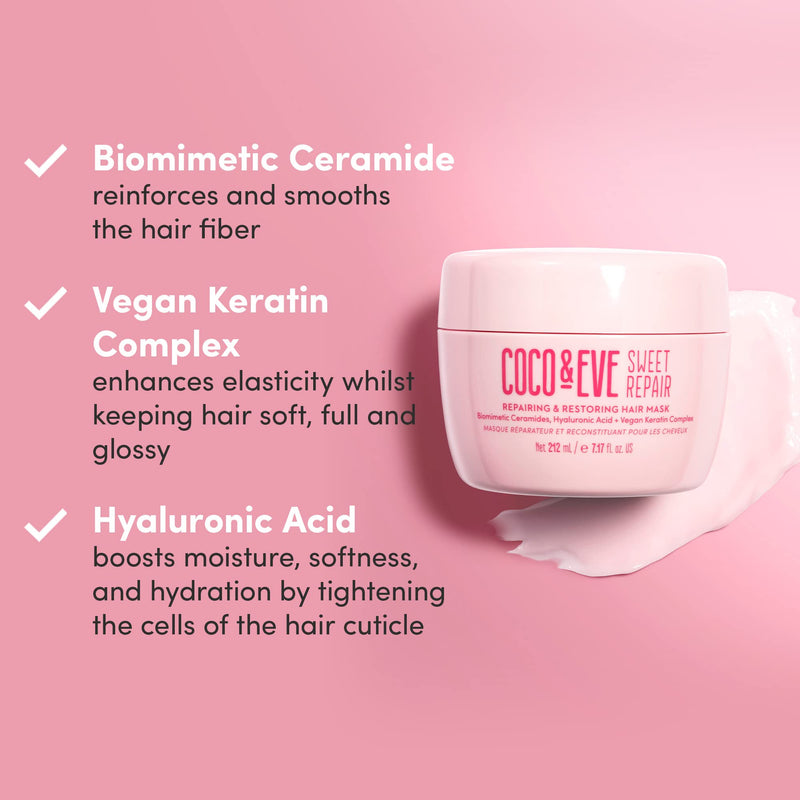 Coco & Eve Sweet Repair Repairing and Restoring Hair Mask Blend of Biomimetic Ceramides, Hyaluronic Acid, Vegan Keratin Repair Dry Damaged Hair by Heat or Chemical, Hydration & Shine (212 ml)