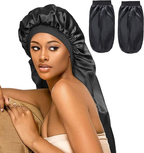 CMD 2 Pack Satin Sleep Cap for Long Hair Dreadlock Extra Large Silk Bonnet Sleeping Cap for Women Black