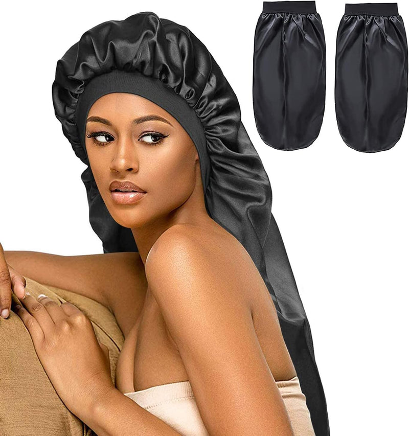 CMD 2 Pack Satin Sleep Cap for Long Hair Dreadlock Extra Large Silk Bonnet Sleeping Cap for Women Black