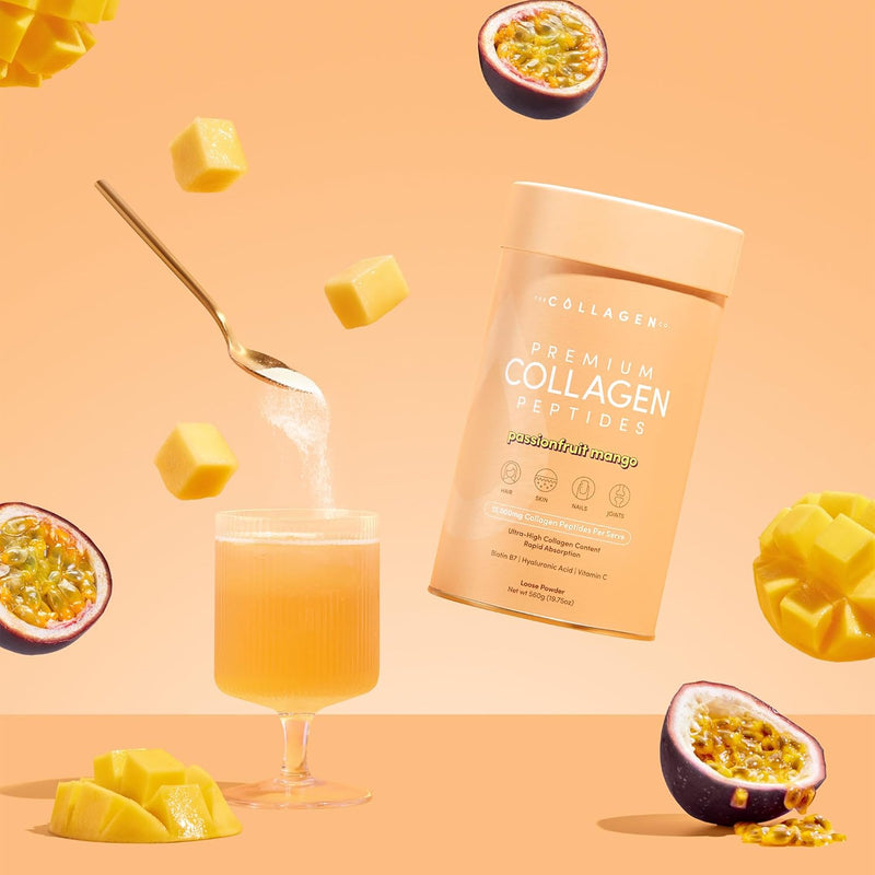 The Collagen Co. Premium Collagen Powder With Vitamin C And Biotin - Nurtures Healthy Hair, Glow Skin, Fortifies Joints, And Bones - Passionfruit Mango Collagen In A 14-Serve Loose Powder (280g)