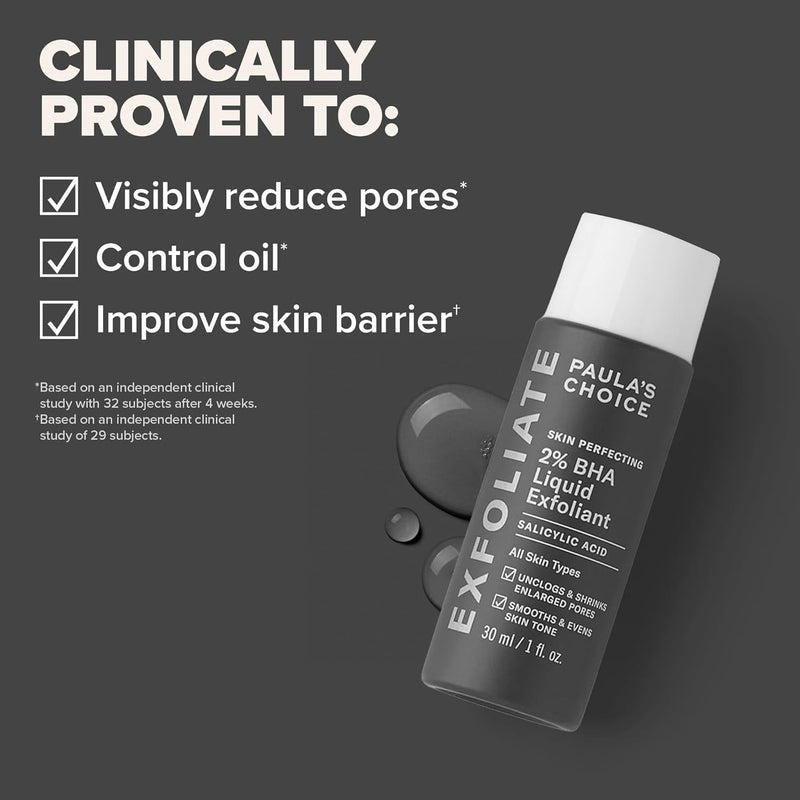 Paula's Choice Skin Perfecting 2% BHA Liquid Salicylic Acid Exfoliant, Gentle Facial Exfoliator for Blackheads, Large Pores, Wrinkles & Fine Lines, Travel Size, 30 mL Bottle