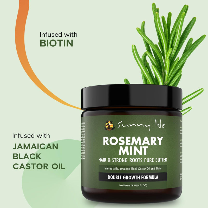 Sunny Isle Rosemary Mint Hair and Strong Roots Butter 4oz, Infused with Biotin & Jamaican Black Castor Oil to Strengthen and Nourish Hair, Dry Scalp, Split Ends