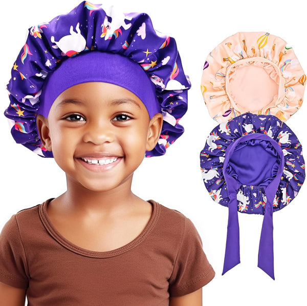 Lolalet 2 PCS Kids Bonnets for Girls, Silk Bonnet for Sleeping Reversible Satin Hat with Wide Elastic Band Night Sleep Caps for Teens Child Girls Curls Braids Natural Hair -Unicorn/Rainbow