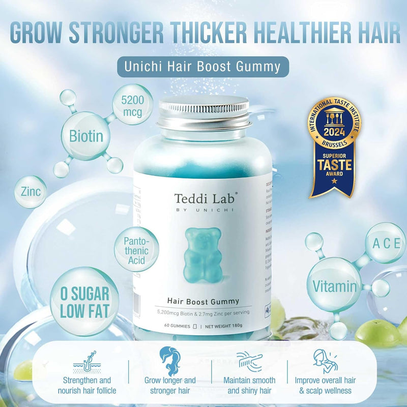 Unichi Hair Boost Gummy, 5200mcg Biotin Formulated with Zinc, Pantothenic Acid and Vitamin A, C, E for Stronger and Thicker Hair, Sea Salt & Green Grape Flavour, 60 Count.