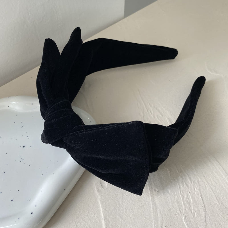 Black Velvet Knot Bow Turban Wide Headbands (Black, One size)