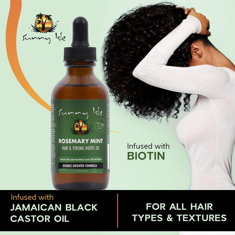 Sunny Isle Rosemary Mint Hair and Strong Roots Oil 3oz, Infused with Biotin & Jamaican Black Castor Oil to Strengthen Hair, Dry Scalp, Split Ends