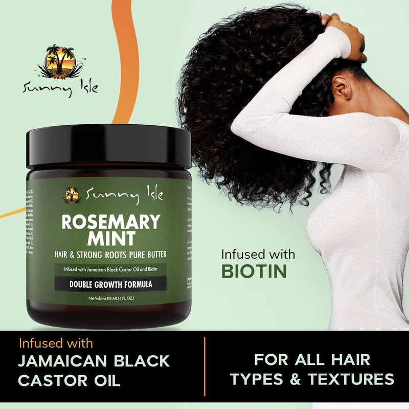 Sunny Isle Rosemary Mint Hair and Strong Roots Butter 4oz, Infused with Biotin & Jamaican Black Castor Oil to Strengthen and Nourish Hair, Dry Scalp, Split Ends