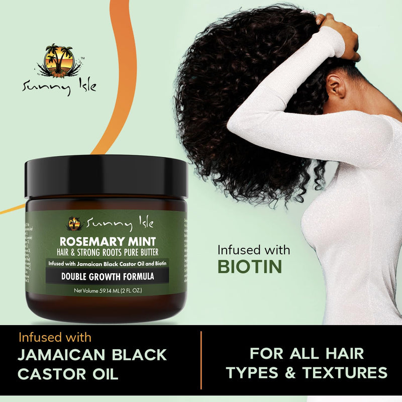 Sunny Isle Rosemary Mint Hair and Strong Roots Butter 4oz, Infused with Biotin & Jamaican Black Castor Oil to Strengthen and Nourish Hair, Dry Scalp, Split Ends