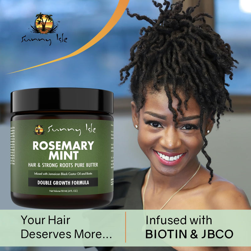 Sunny Isle Rosemary Mint Hair and Strong Roots Butter 4oz, Infused with Biotin & Jamaican Black Castor Oil to Strengthen and Nourish Hair, Dry Scalp, Split Ends