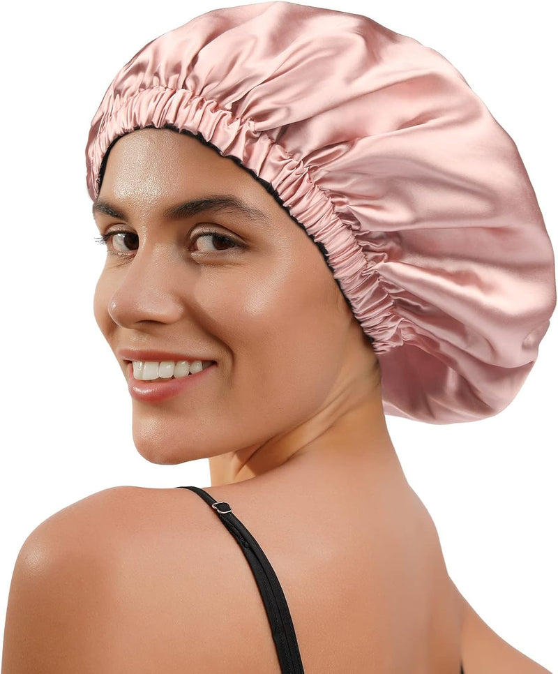 Satin Bonnet Sleep Bonnet Cap - Extra Large, Double Layer, Reversible, Adjustable Satin Cap(Large,Champagne)