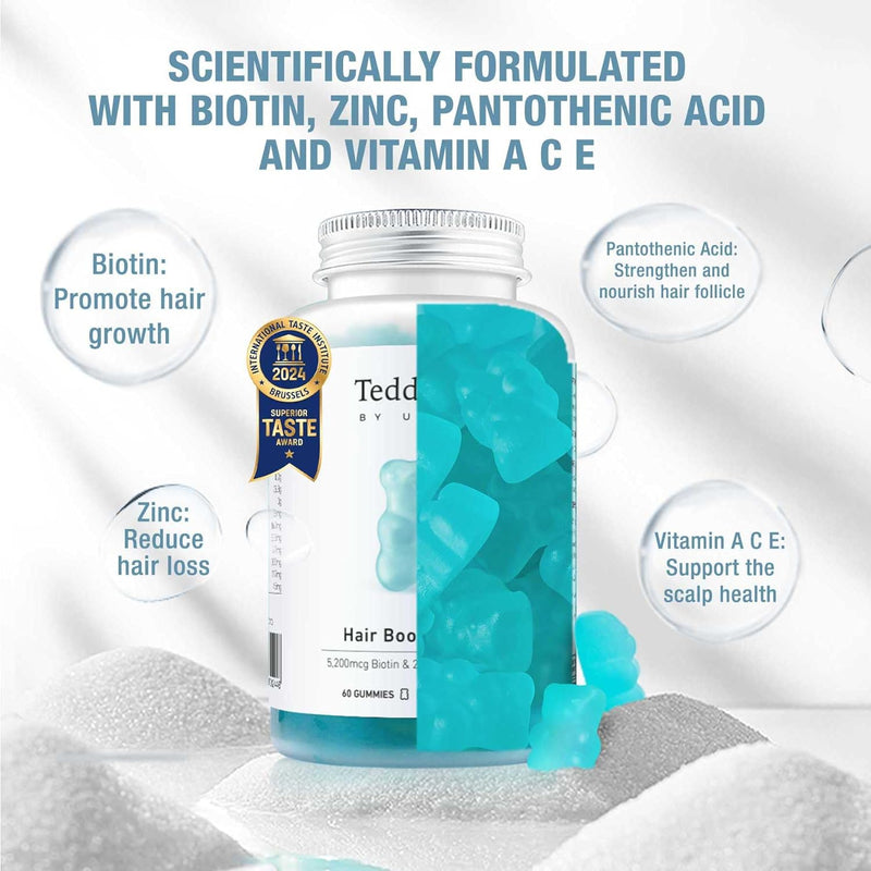 Unichi Hair Boost Gummy, 5200mcg Biotin Formulated with Zinc, Pantothenic Acid and Vitamin A, C, E for Stronger and Thicker Hair, Sea Salt & Green Grape Flavour, 60 Count.