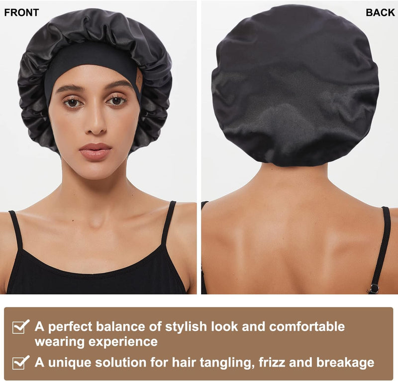 Hat Hut Satin Bonnet Silk Bonnet Sleep Cap for Women Hair Bonnet for Curly Hair Sleeping Adjustable Wide Band Double Layer