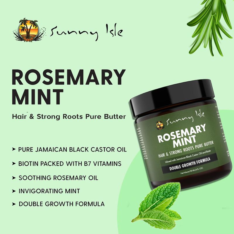 Sunny Isle Rosemary Mint Hair and Strong Roots Butter 4oz, Infused with Biotin & Jamaican Black Castor Oil to Strengthen and Nourish Hair, Dry Scalp, Split Ends