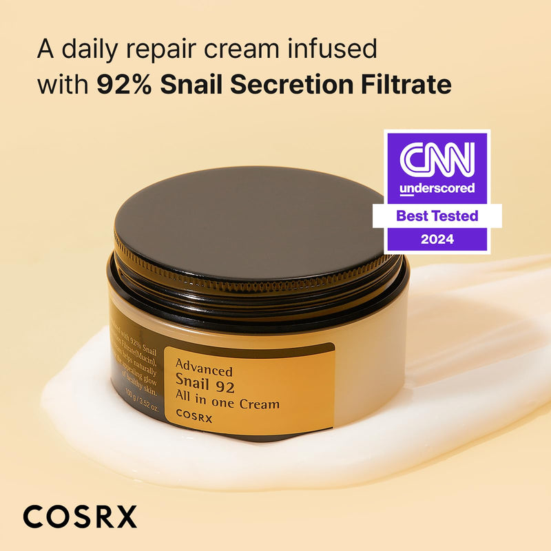 COSRX Snail Mucin 92% Repair Cream, Daily Face Gel Moisturizer for Dry Skin, Acne-prone, Sensitive Skin, Not Tested on Animals, No Parabens, Korean Skincare (3.52 Fl Oz (Pack of 1)