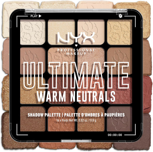 NYX Professional Makeup, Shadow Palette, 16 Matte, satin and metallic shades, Warm Neutrals, 0.83 g