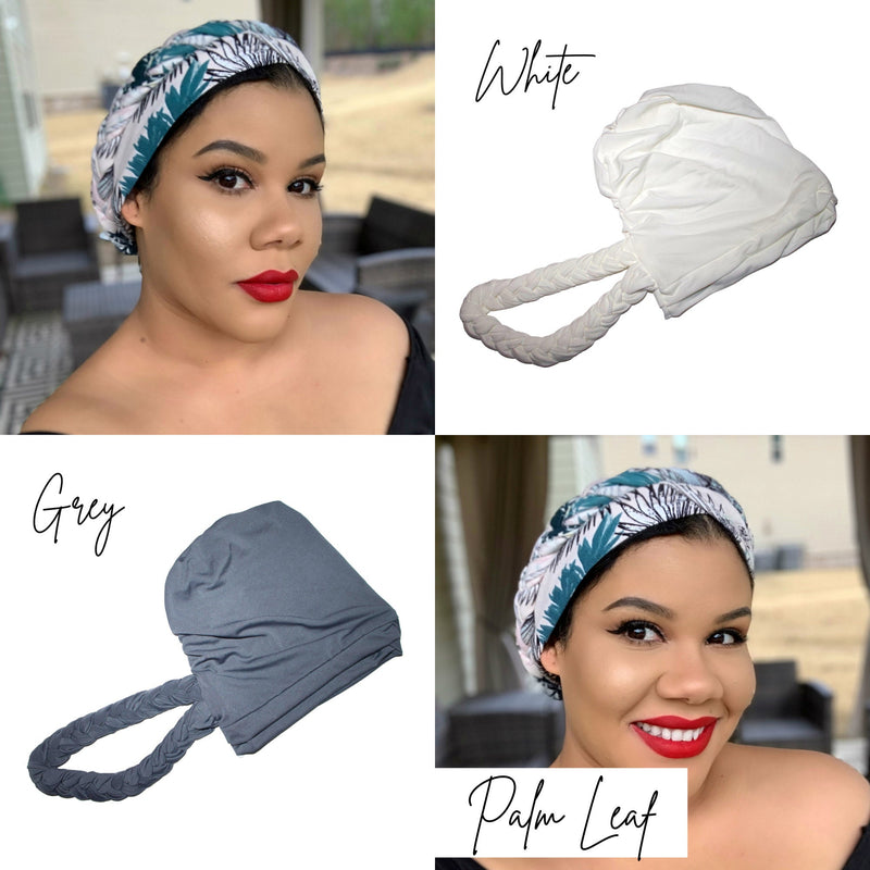 BRAIDED SATIN lined TURBAN, Full Coverage Cap, Pre-tied Womens Stretchy, chemo gift, twisted hat, alopecia, protective styling, post surgery