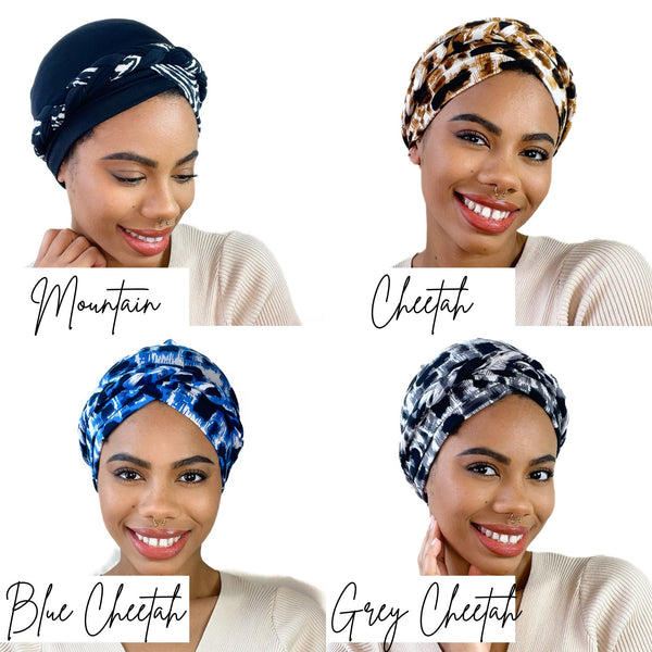 BRAIDED SATIN lined TURBAN, Full Coverage Cap, Pre-tied Womens Stretchy, chemo gift, twisted hat, alopecia, protective styling, post surgery