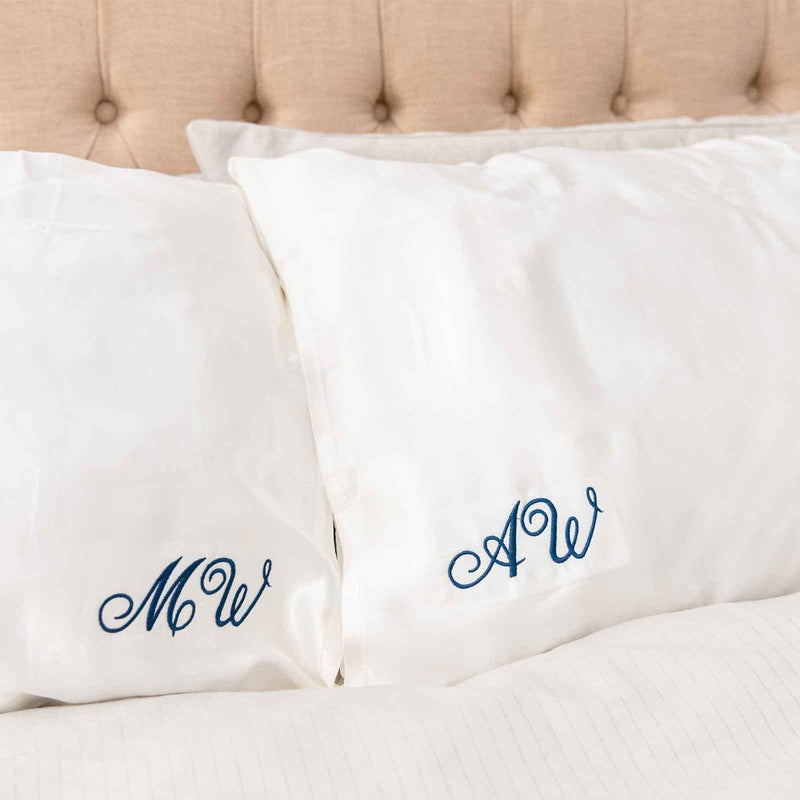 Initials Silk Pillowcases - Personalised Embroidered Mulberry Silk White Pillow Cases Gifts for Her Him Birthday Mothers Fathers Day