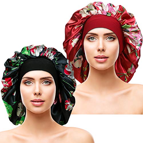 2 Extra Large Wide Elastic Band Satin Sleep Bonnet Soft Night Sleeping Cap for Women Haircare