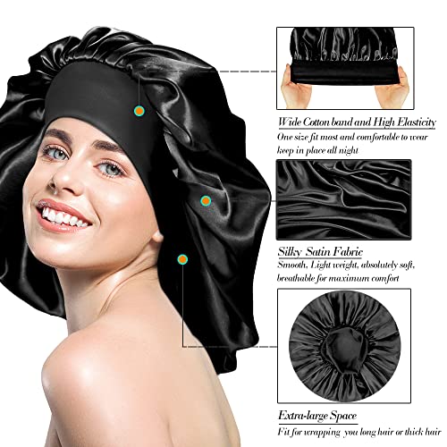 4 Large Satin Sleep Bonnet - Long Hair Big Sleep Cap With Wide Elastic Soft Band Night Sleeping Bonnets for Women Hair Care